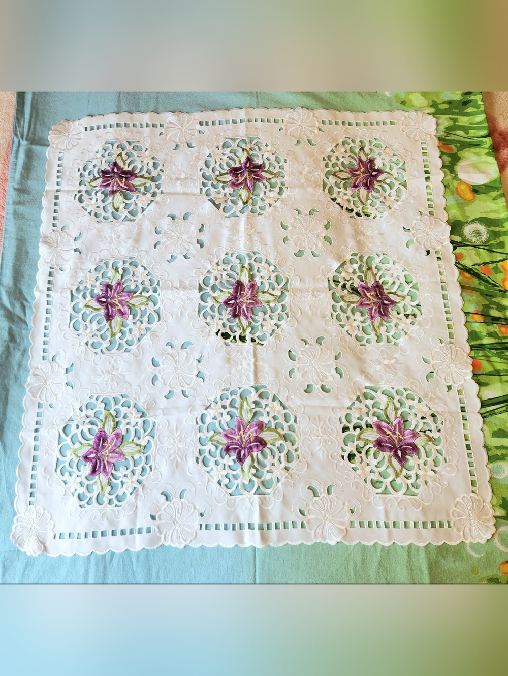 Embroidered Floral Cutwork Tablecloth - White with Purple Flowers